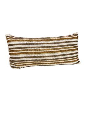 Handcrafted Beaded Striped Lumbar Pillow - Gold & White - Decorative Throw Cushi